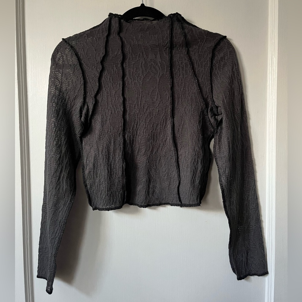 Dark Grey Lace Textured Long Sleeve Top